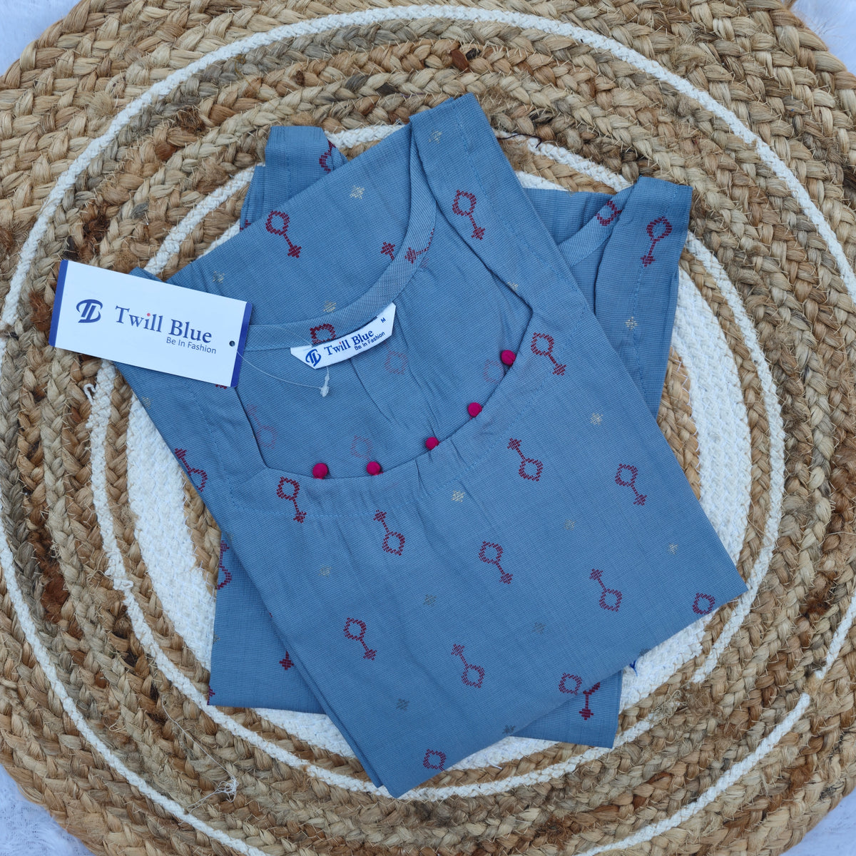 Festive Scalp Silk Powder Blue Floral Motif Button Detail Kurti