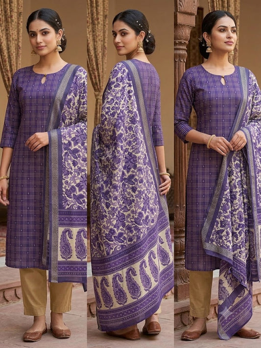💜Raw Silk 3-Piece Kurta Set with Lining | Festive Wear | Side Pocket✨