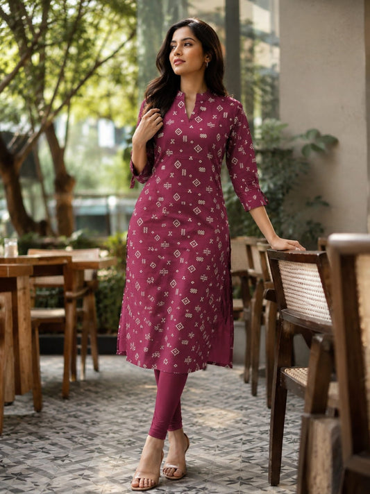 🤎Dabu Cotton Straight-cut Kurti | Deep Maroon
