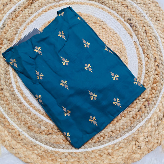 Peacock Blue Rayon Kurti with Gold Zigzag Embroidered Yoke
