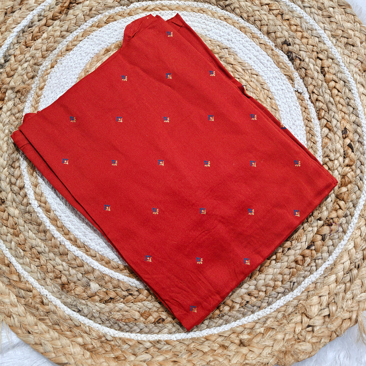 Brick Red Premium Rayon Kurti with Blue & Gold Embroidery