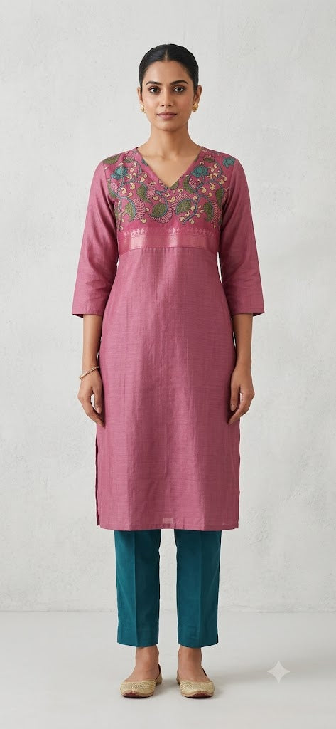 Kalamkari Organza Patch Silk Kurti | Pink