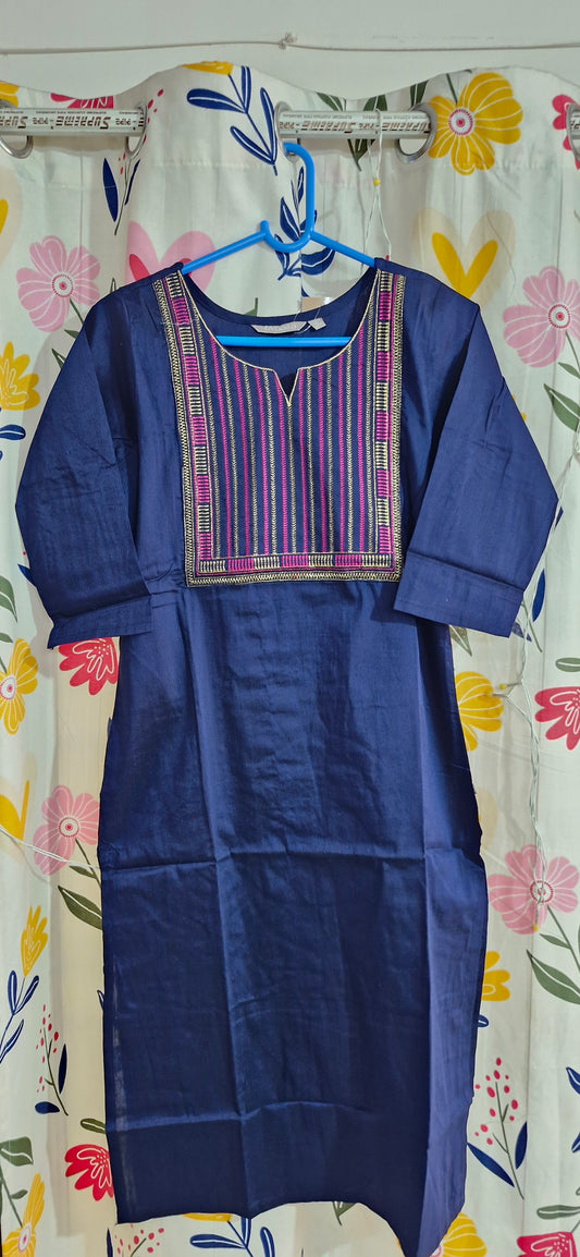 Navy Blue Pink & Gold Embroidered Silk Kurti
