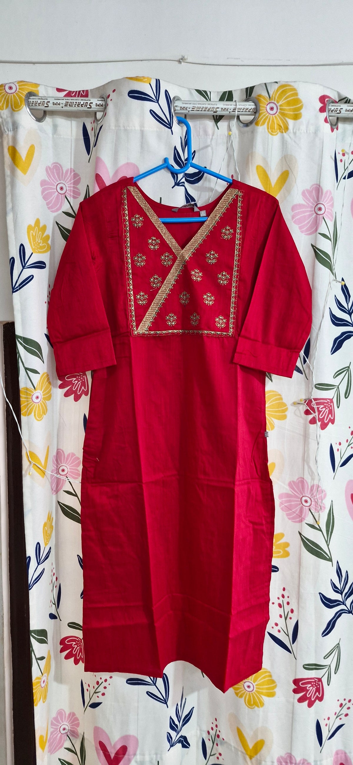Red Gold & Green Embroidered Silk Kurti