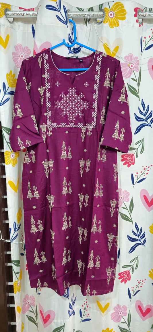 Plum Wine Embroidery Rayon Kurti