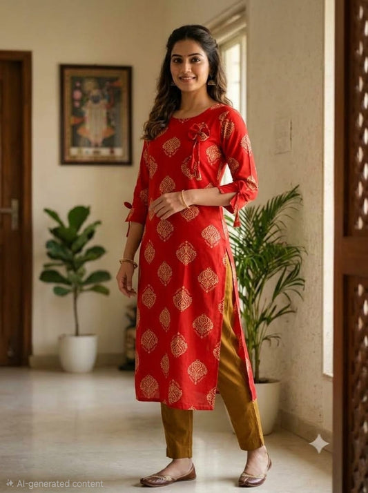Liva Rayon Red Floral Printed Kurti with Bow Detailing 🎀