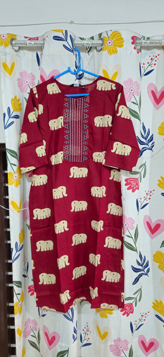 Ruby Red Elephant Print Rayon Kurti