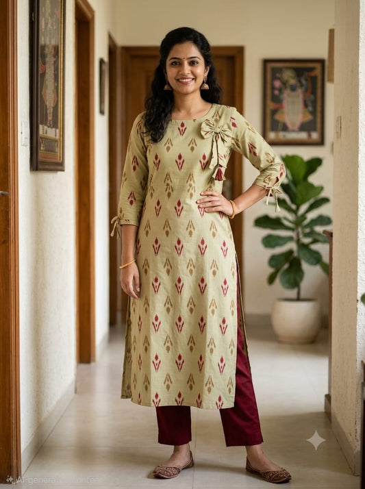 Liva Rayon Cream Ikat Printed Kurti with Bow Detailing 🎀