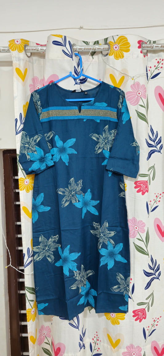 Teal Blue Floral Print Rayon Kurti