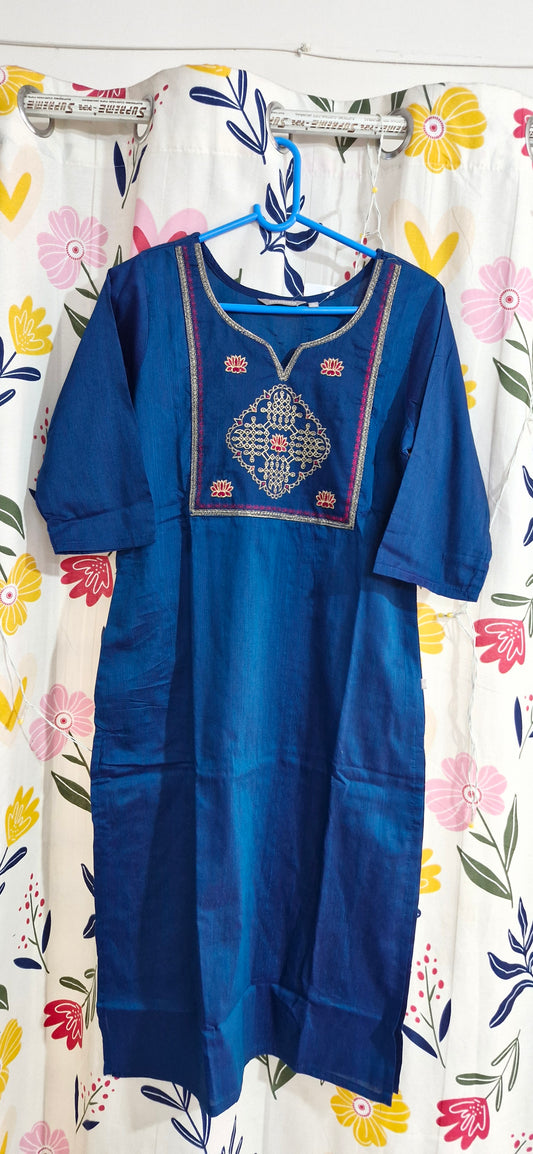 Deep Blue Pink & Gold Embroidered Silk Kurti