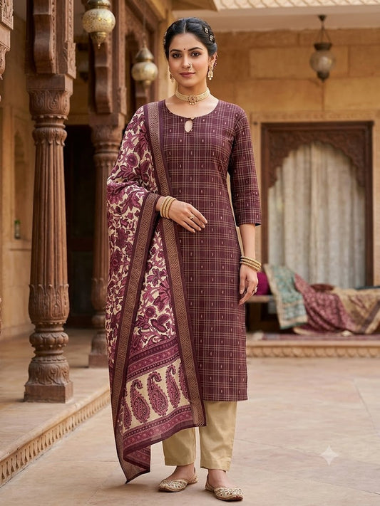🤎Raw Silk 3-Piece Kurta Set with Lining | Festive Wear | Side Pocket✨