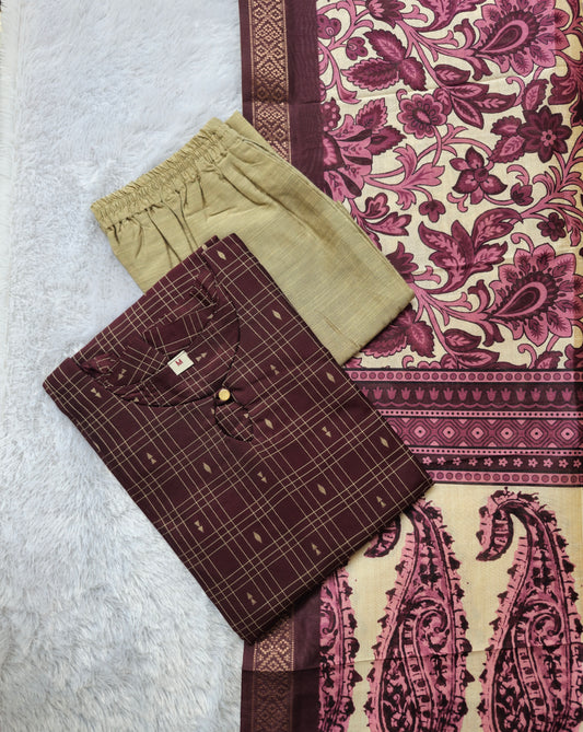 🤎Raw Silk 3-Piece Kurta Set with Lining | Festive Wear | Side Pocket✨