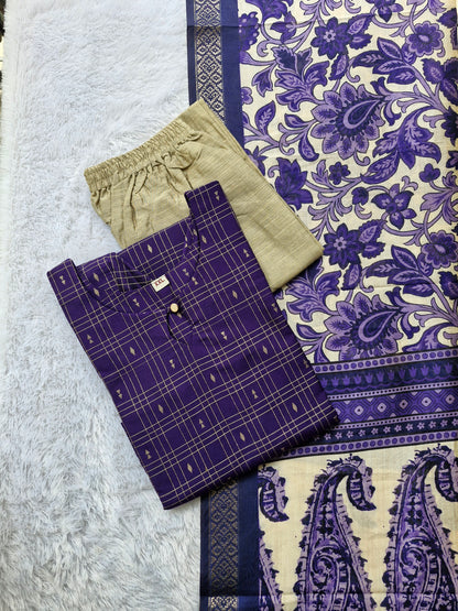 💜Raw Silk 3-Piece Kurta Set with Lining | Festive Wear | Side Pocket✨
