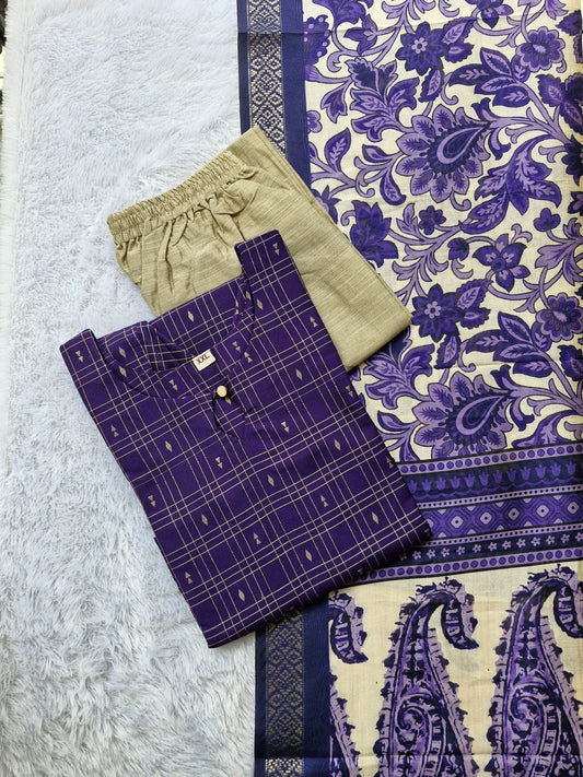 💜Raw Silk 3-Piece Kurta Set with Lining | Festive Wear | Side Pocket✨