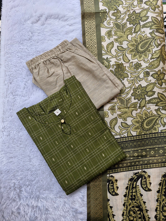 💚Raw Silk 3-Piece Kurta Set with Lining | Festive Wear | Side Pocket✨