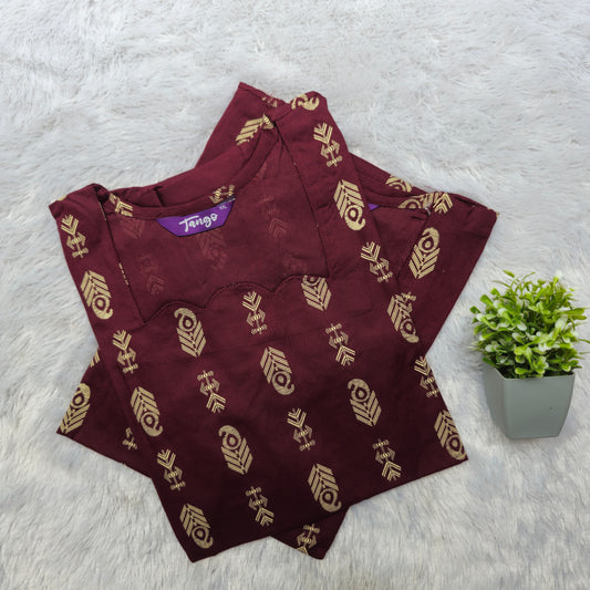 🌸Rayon Kurti | Scallop Neck Straight Fit | Wine