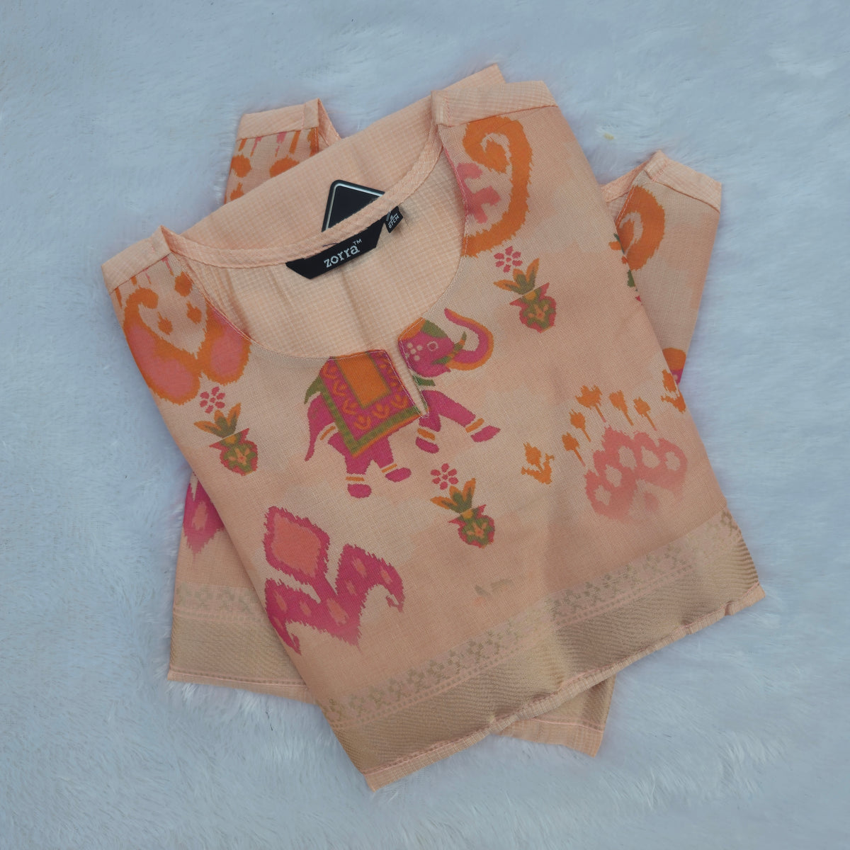 Kalamkari Organza Patch Silk Kurti | Peach