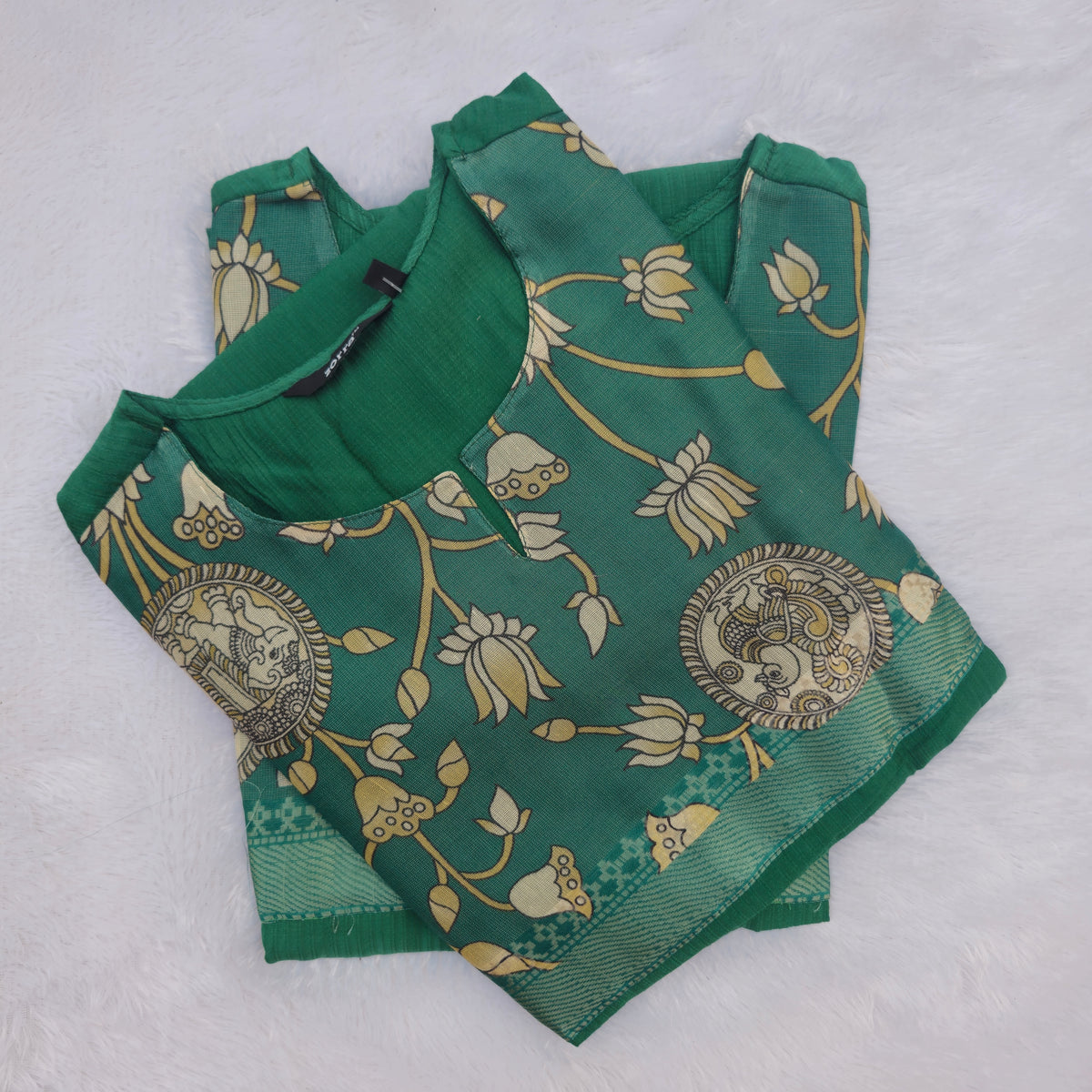Kalamkari Organza Patch Silk Kurti | Green