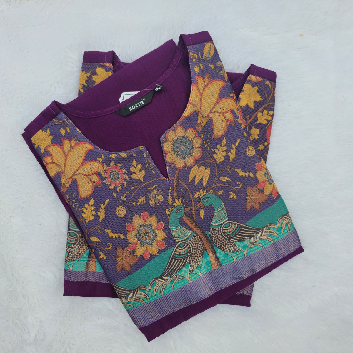 Kalamkari Organza Patch Silk Kurti | Purple