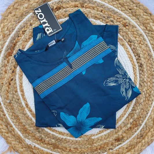 Teal Blue Floral Print Rayon Kurti