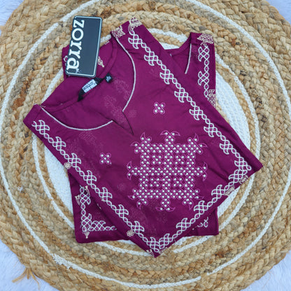 Plum Wine Embroidery Rayon Kurti