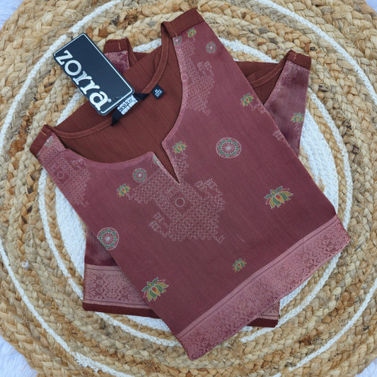 Chocolate Brown Festive Silk Kurti with Floral Motifs