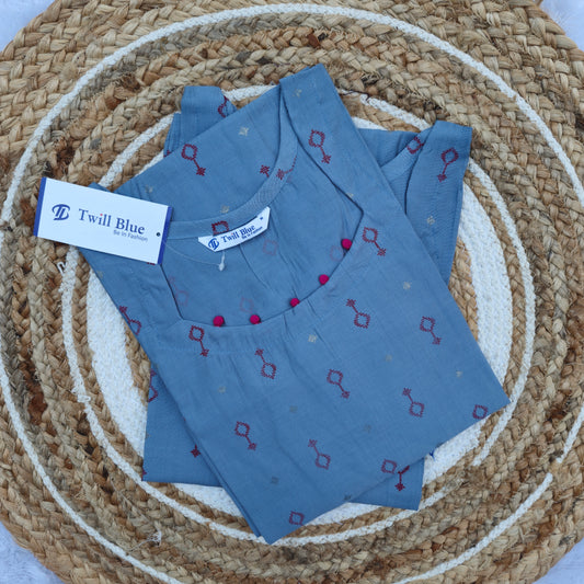Festive Scalp Silk Powder Blue Floral Motif Button Detail Kurti