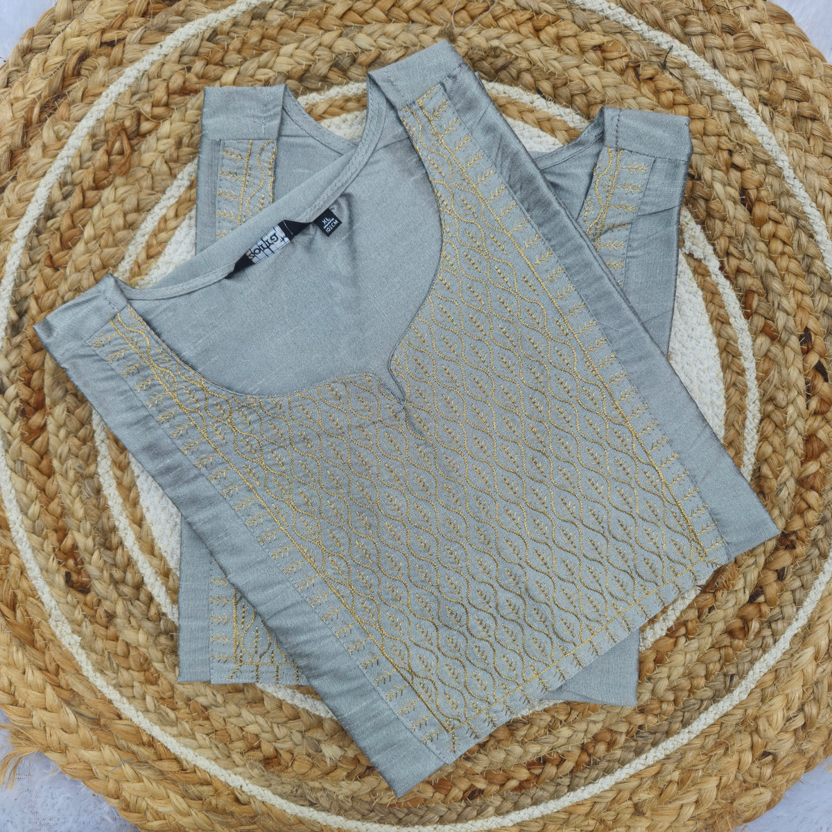 Grey Gold Embroidered Silk Kurti