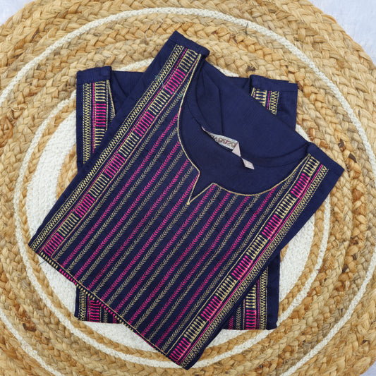 Navy Blue Pink & Gold Embroidered Silk Kurti