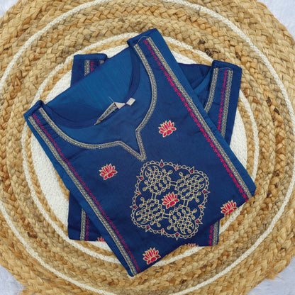 Deep Blue Pink & Gold Embroidered Silk Kurti