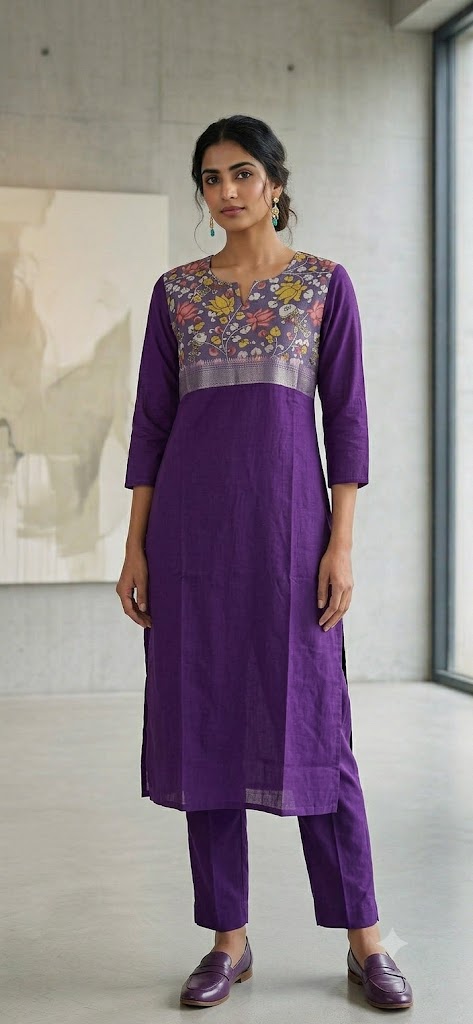 Kalamkari Organza Patch Silk Kurti | Purple