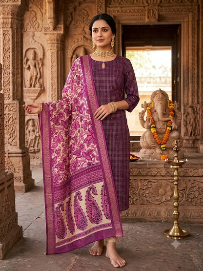 💜Raw Silk 3-Piece Kurta Set with Lining | Festive Wear | Side Pocket✨