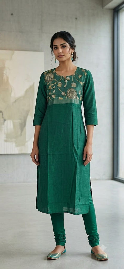 Kalamkari Organza Patch Silk Kurti | Green
