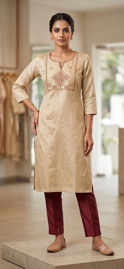 Kolam Embroidery Silk Kurti | Cream