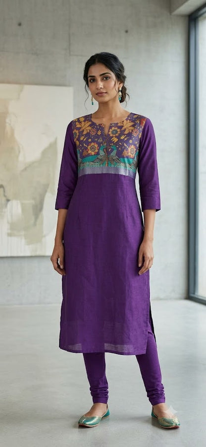 Kalamkari Organza Patch Silk Kurti | Purple