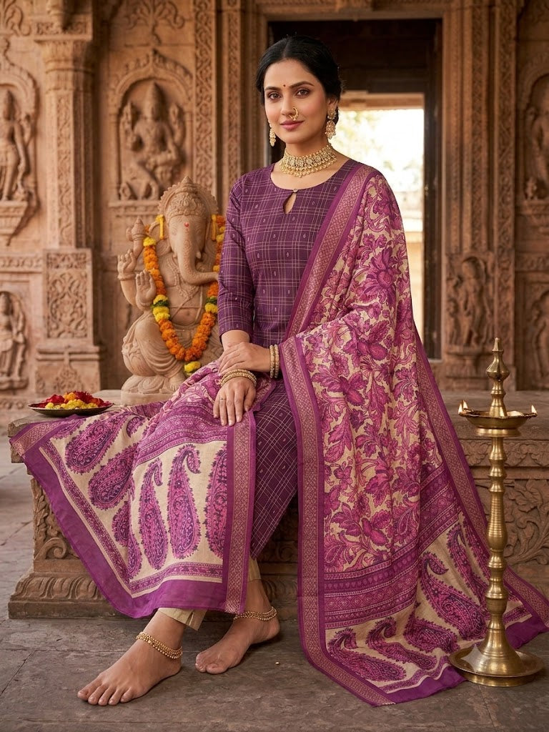 💜Raw Silk 3-Piece Kurta Set with Lining | Festive Wear | Side Pocket✨