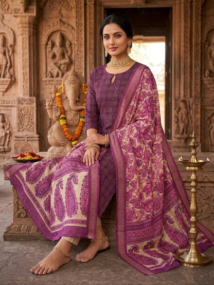💜Raw Silk 3-Piece Kurta Set with Lining | Festive Wear | Side Pocket✨