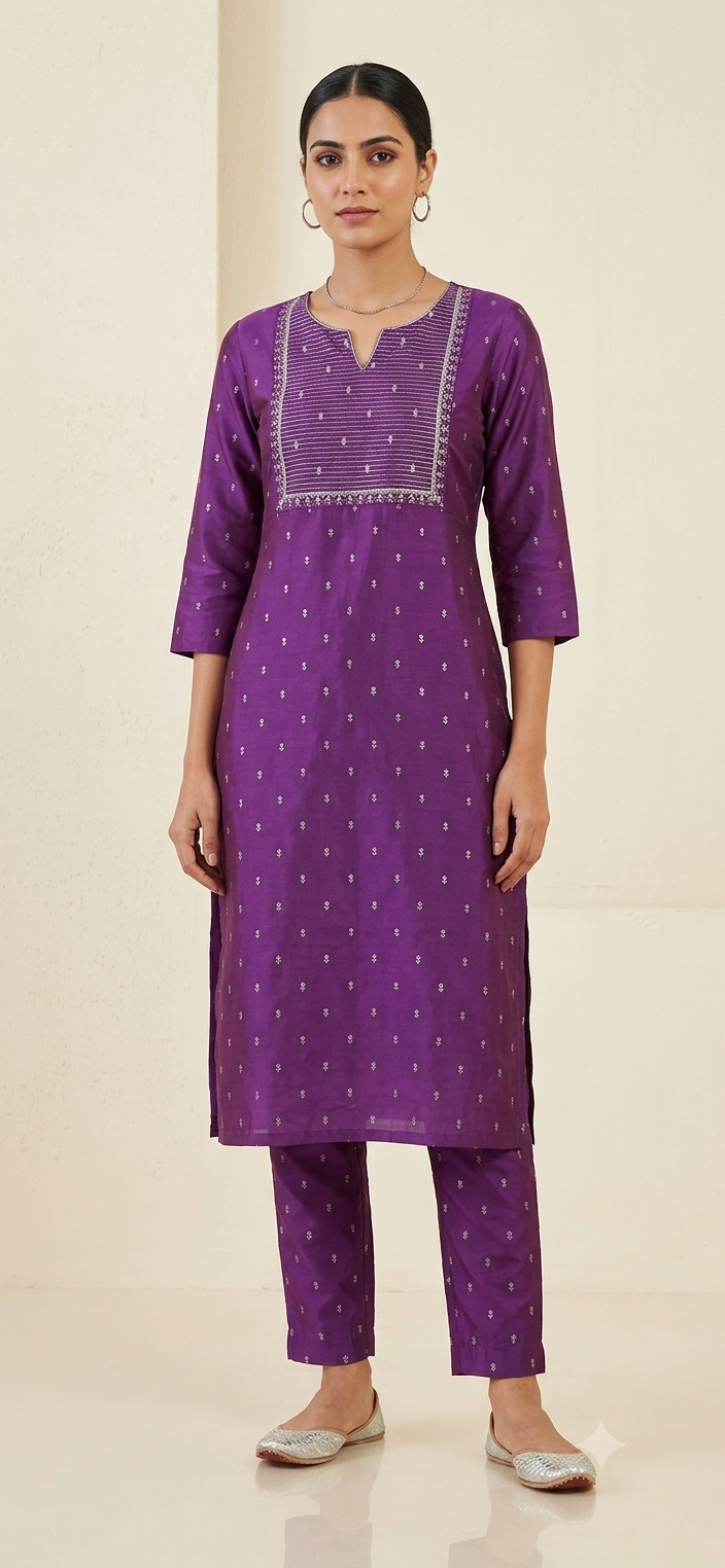 Kalamkari Organza Patch Silk Kurti | Purple