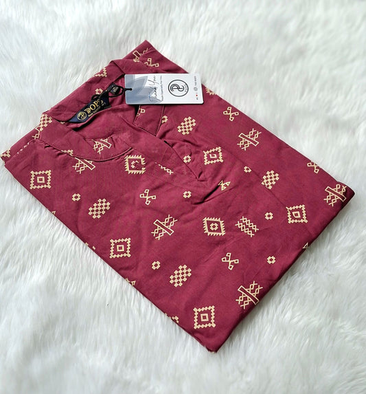 🤎Dabu Cotton Straight-cut Kurti | Deep Maroon