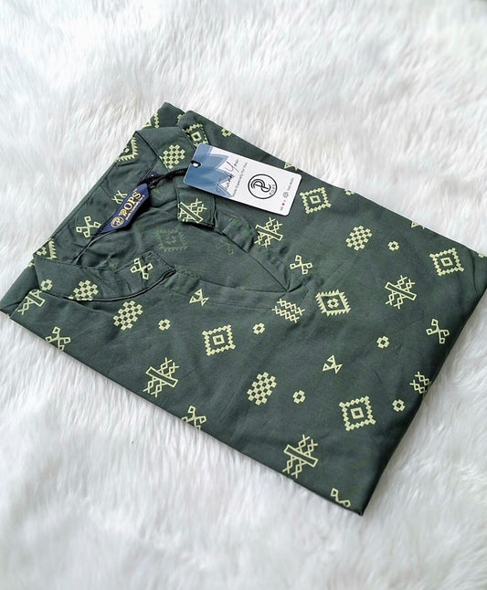 🤎Dabu Cotton Straight-cut Kurti | Green