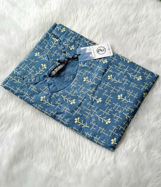 🤎Dabu Cotton Straight-cut Kurti | Teal Blue