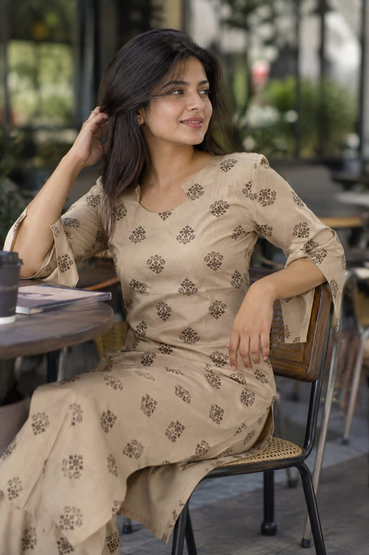 🤎Dabu Cotton Straight-cut Kurti | Beige