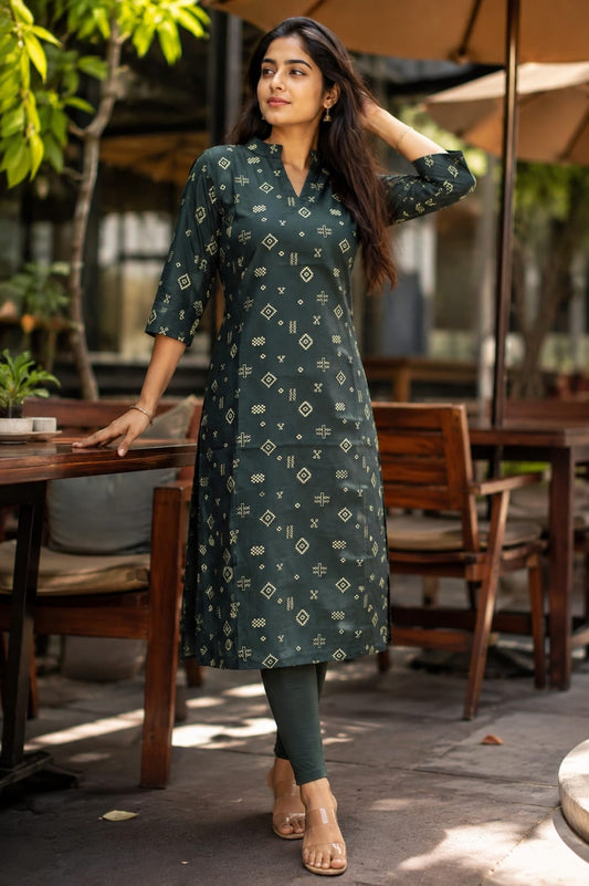 🤎Dabu Cotton Straight-cut Kurti | Green