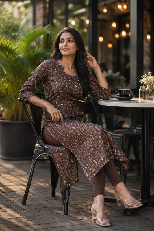 🤎Dabu Cotton Straight-cut Kurti | Brown