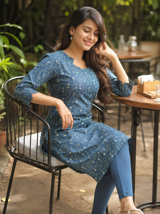 🤎Dabu Cotton Straight-cut Kurti | Teal Blue