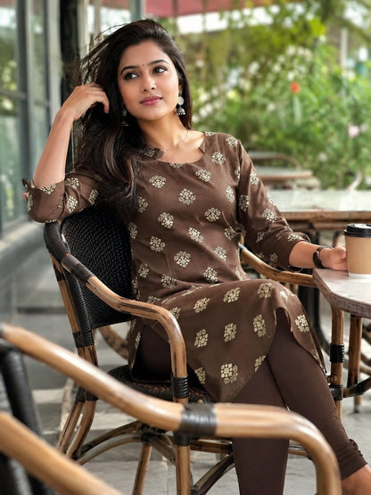🤎Dabu Cotton Straight-cut Kurti | Brown