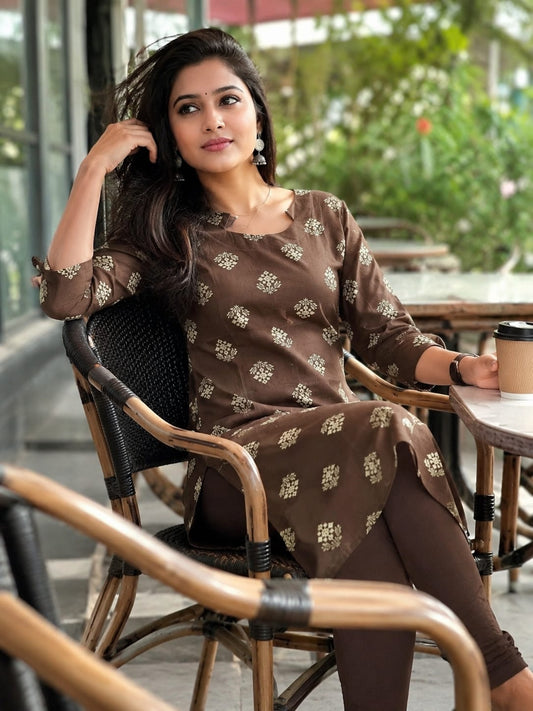 🤎Dabu Cotton Straight-cut Kurti | Brown
