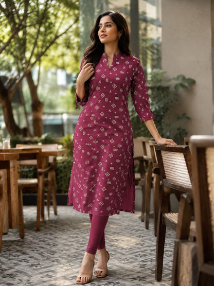 🤎Dabu Cotton Straight-cut Kurti | Deep Maroon