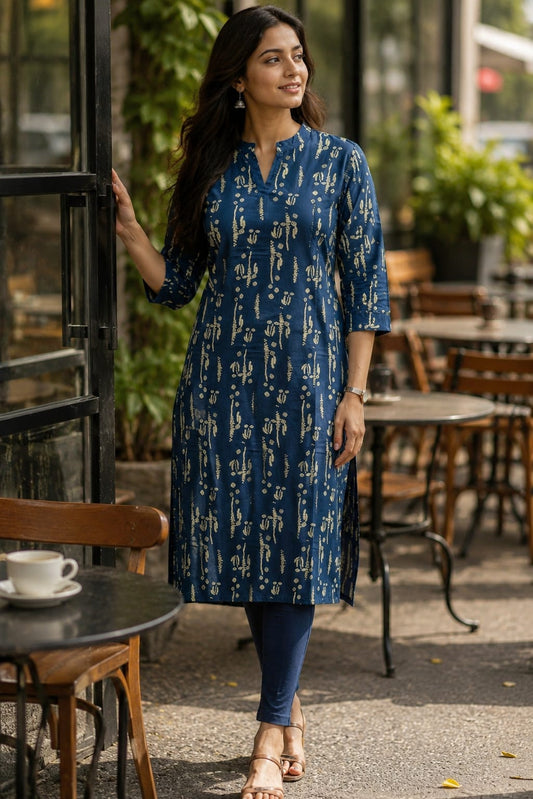 🤎Dabu Cotton Straight-cut Kurti | Blue