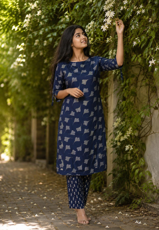 💙Navy Blue Midnight Leaf Co-ord Set | Liva Rayon